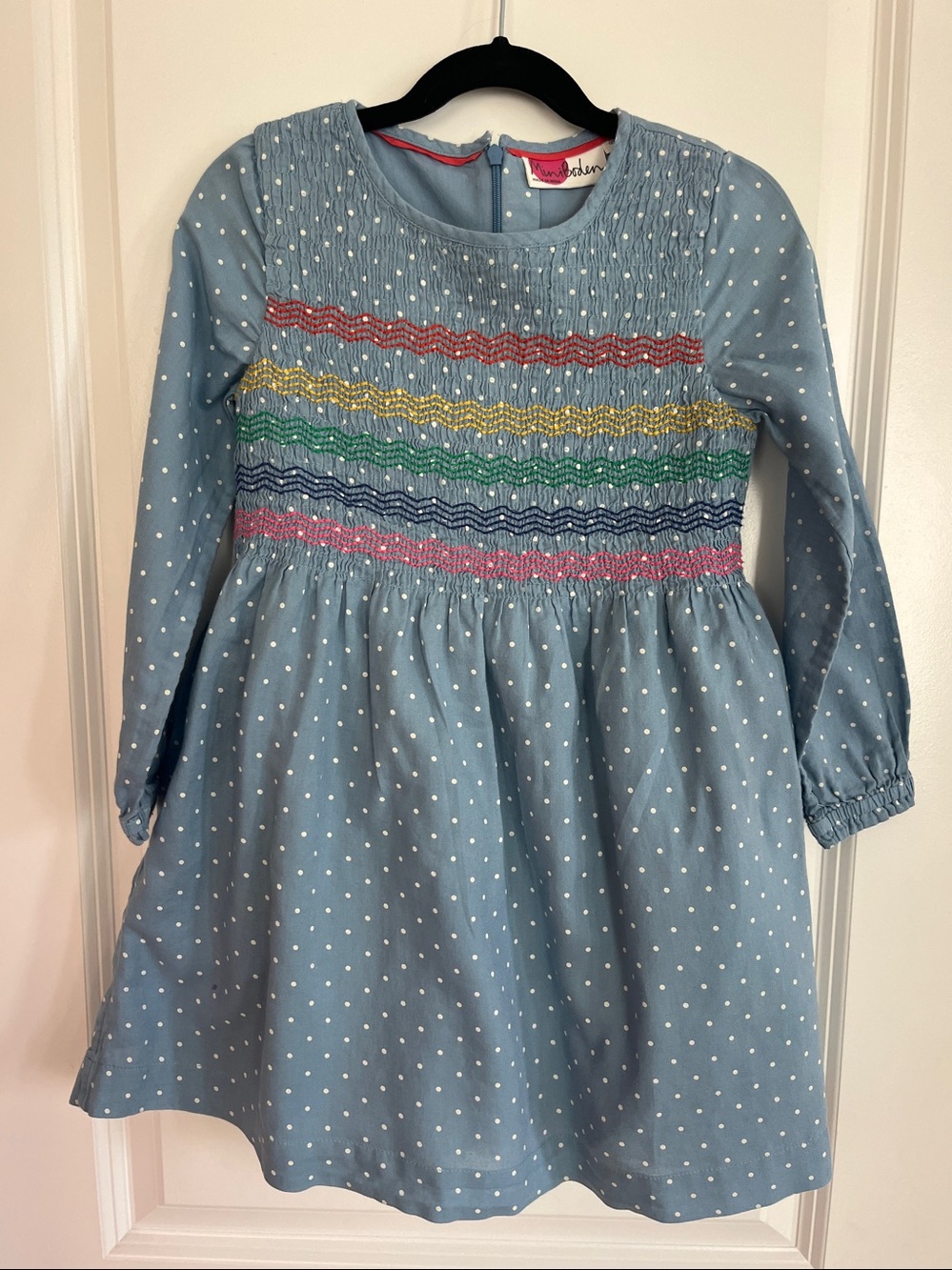 Mini Boden Wren Smocked Rainbow polka dot cotton dress Size 6/7